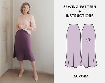 AURORA Bias Midi Skirt Pattern Silk Skirt Digital Sewing Pattern XS-2XL PDF Sewing Pattern for Beginners Downloadable Instructions & Video