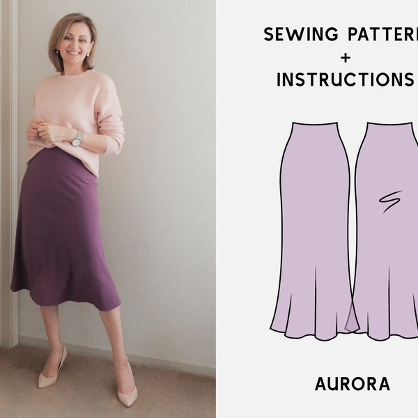 AURORA Bias Midi Skirt Pattern Silk Skirt Digital Sewing Pattern XS-2XL PDF Sewing Pattern for Beginners Downloadable Instructions & Video