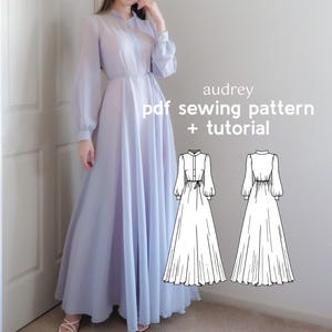 Audrey Long Sleeve Maxi Dress PDF Digital Sewing Pattern - US Sizes 2-20 - PDF Instant Download with Instructions & Video Tutorial