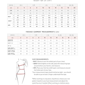 May include: A size chart for a Pearl dress, with measurements in inches and centimeters. The chart includes bust, waist, and hip measurements for sizes XS-S to 2XL-3XL. It also provides finished garment measurements in centimeters.