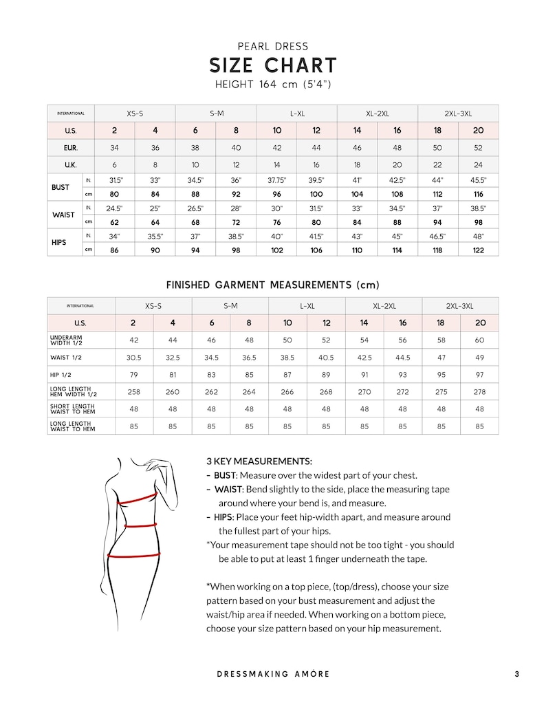 May include: A size chart for a Pearl dress, with measurements in inches and centimeters. The chart includes bust, waist, and hip measurements for sizes XS-S to 2XL-3XL. It also provides finished garment measurements in centimeters.