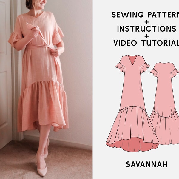 SAVANNAH Boho Rüschen Kleid Digitales Schnittmuster XS-4XL PDF Schnittmuster für Anfänger - Sofort Download Anleitung E-book & Video