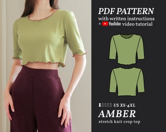 AMBER Crop Top Sewing Pattern / XS-4XL Easy Digital PDF Sewing Pattern for Beginners / Instructional E-book & Video Tutorial