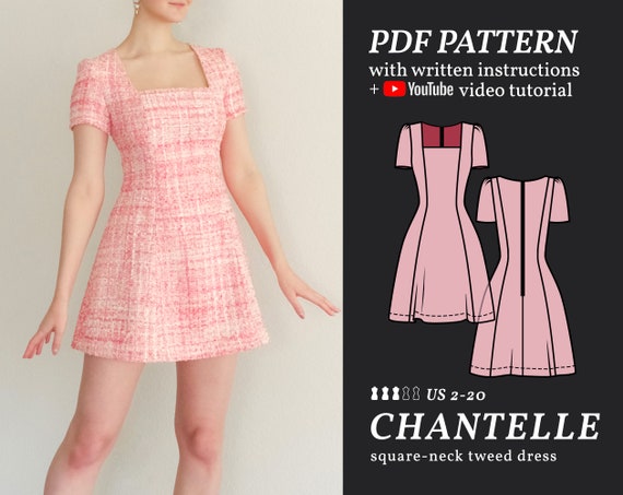 CHANTELLE Square-neck Tweed Dress Digital Sewing Pattern 2-20 PDF