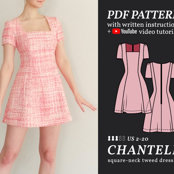 CHANTELLE Square-Neck Tweed Dress Digital sewing pattern 2-20 PDF Sewing Pattern for Beginners Instant download, Instruction E-book & Video