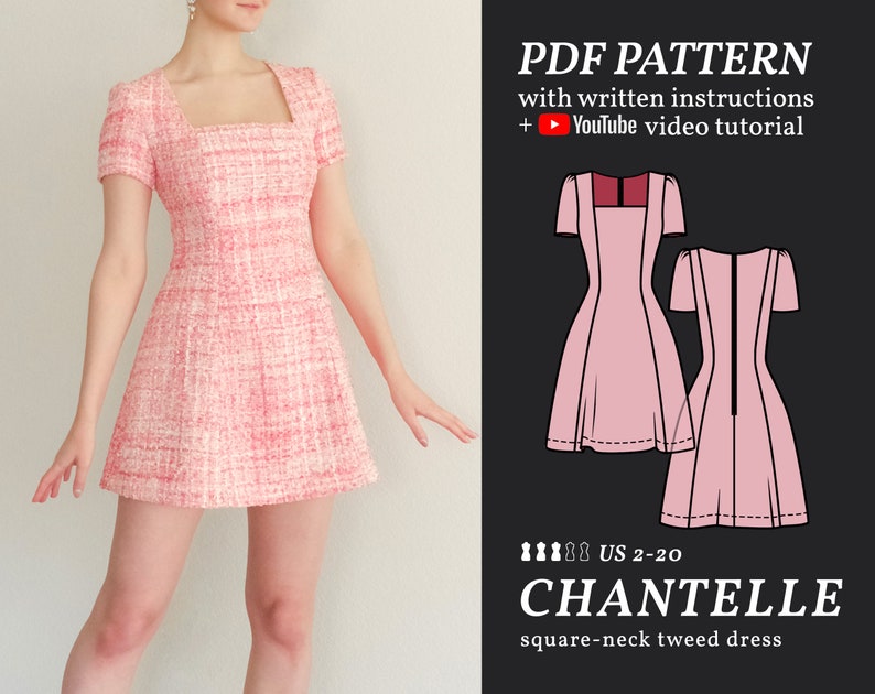 CHANTELLE Square-Neck Tweed Dress Digital sewing pattern 2-20 PDF Sewing Pattern for Beginners Instant download, Instruction E-book & Video image 1