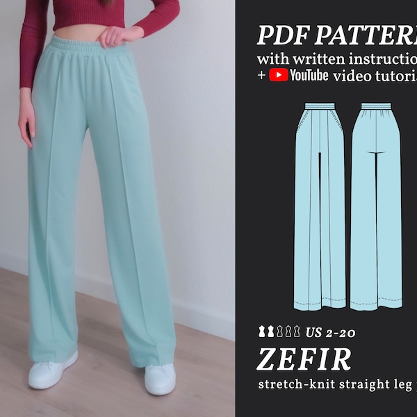 Patron de couture PDF pour pantalon taille haute jambe droite, patron numérique Zefir tailles 2-20 + instructions et tutoriel vidéo, téléchargement immédiat