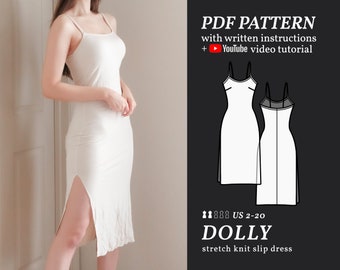 DOLLY Fitted Slip Dress Stretch Knit Digital sewing pattern 2-20 PDF Sewing Pattern Instant download Instruction E-book, Video