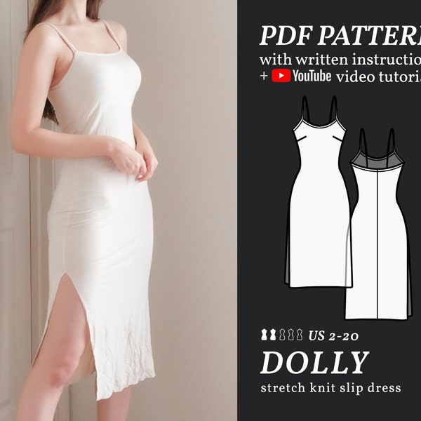 DOLLY Fitted Slip Dress Stretch Knit Digital sewing pattern 2-20 PDF Sewing Pattern Instant download Instruction E-book, Video