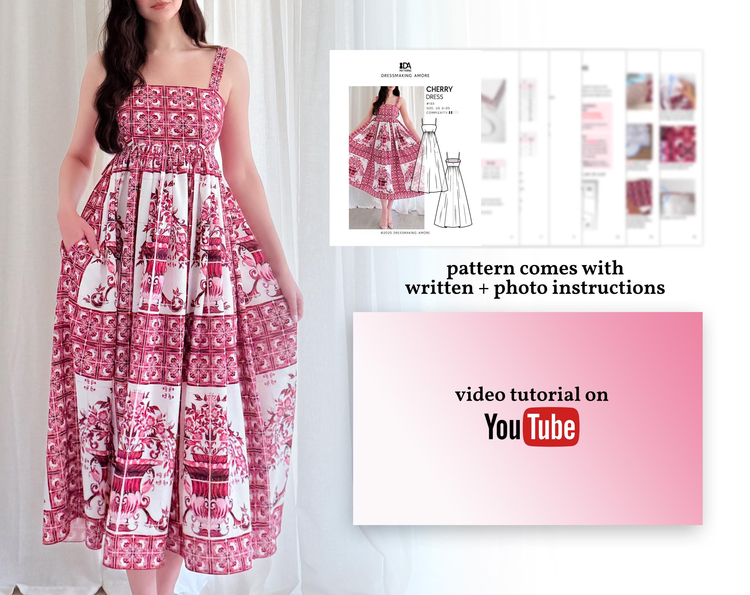 Cherry Midi Dress Sewing Pattern: Empire Waistline Dress (US Sizes