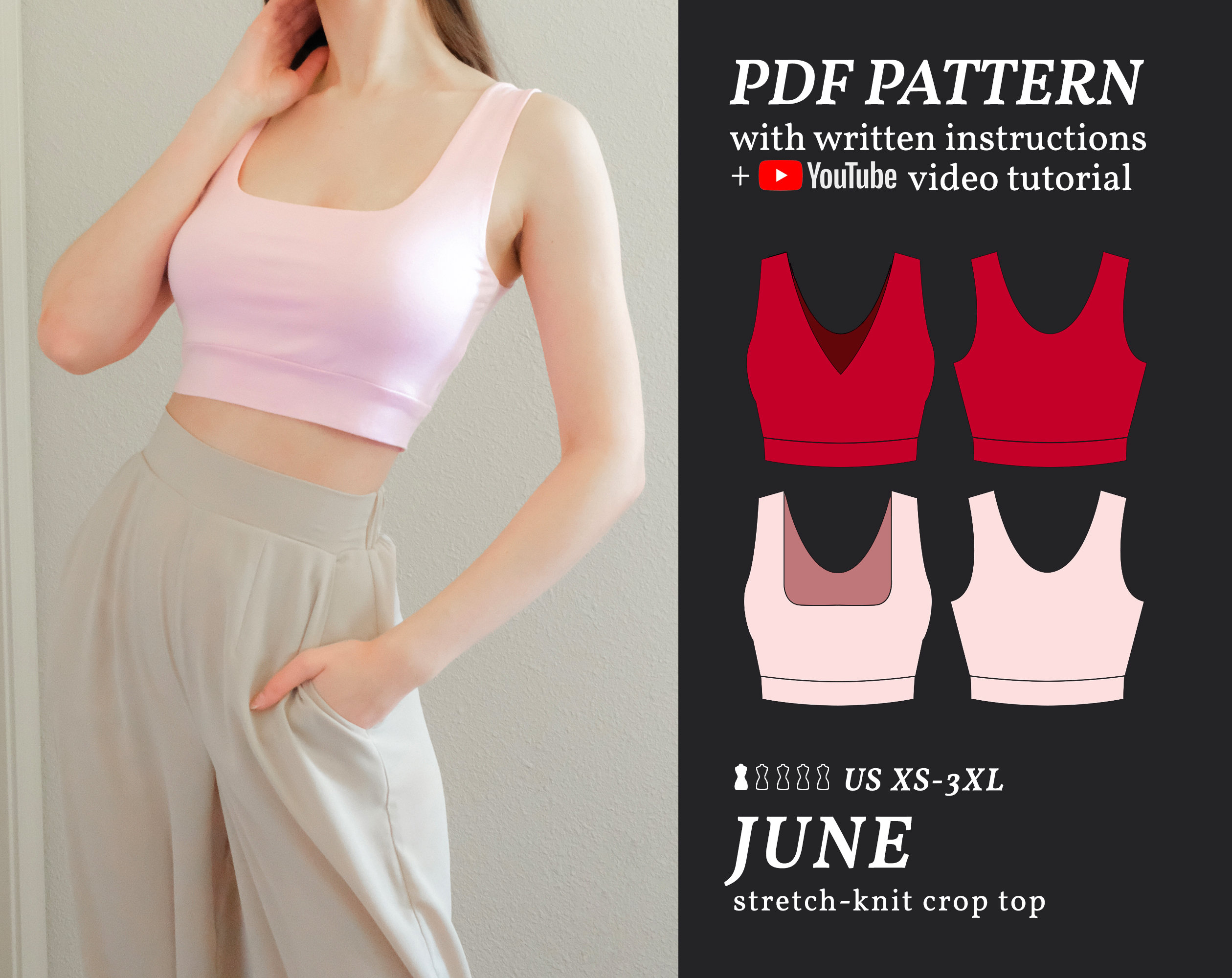 JUNE Crop Top Sewing Pattern / XS-3XL Easy Digital PDF Sewing Pattern for  Beginners / Instructional E-book & Video Tutorial 