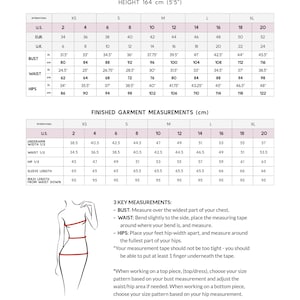 May include: A size chart for the Hazel dress, with measurements in inches and centimeters. The chart includes bust, waist, and hip measurements for sizes XS to XL, along with finished garment measurements.