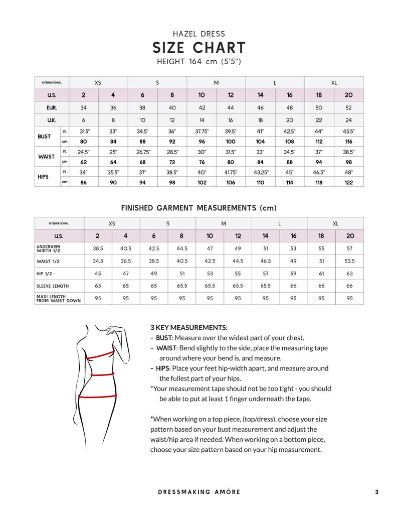 May include: A size chart for the Hazel dress, with measurements in inches and centimeters. The chart includes bust, waist, and hip measurements for sizes XS to XL, along with finished garment measurements.