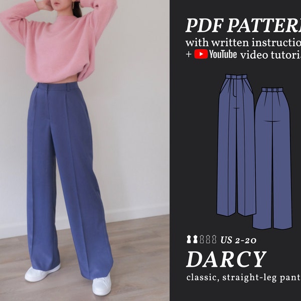 PDF Sewing Pattern of Straight Leg High Waisted Pants, Darcy Digital Pattern Sizes 2-20 + Instructions & Video Tutorial, Instant Download