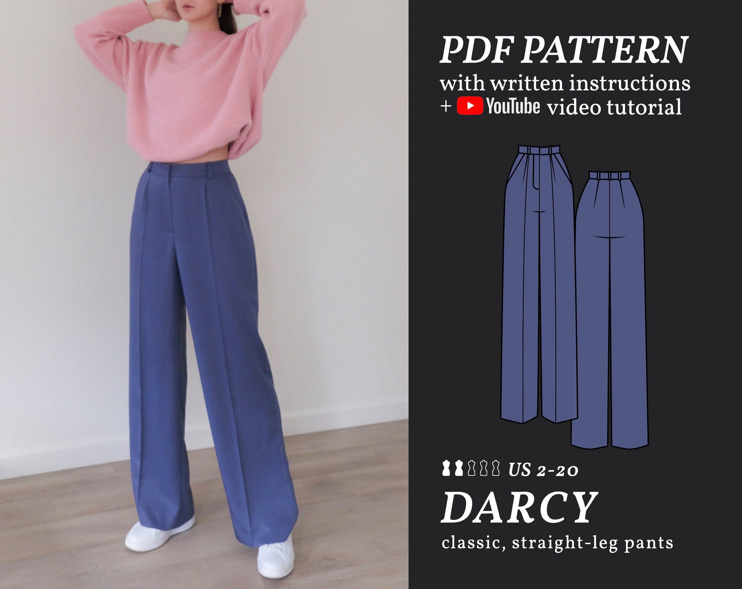 PDF Sewing Pattern of Straight Leg High Waisted Pants, Darcy Digital Pattern  Sizes 2-20 Instructions & Video Tutorial, Instant Download 