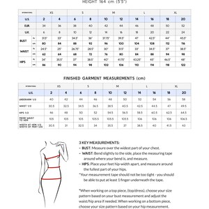 May include: A size chart for the Kelly Jumpsuit, with measurements in inches and centimeters. The chart includes bust, waist, and hip measurements for sizes XS to XL, with a height of 5'5". Instructions for taking measurements are also included.