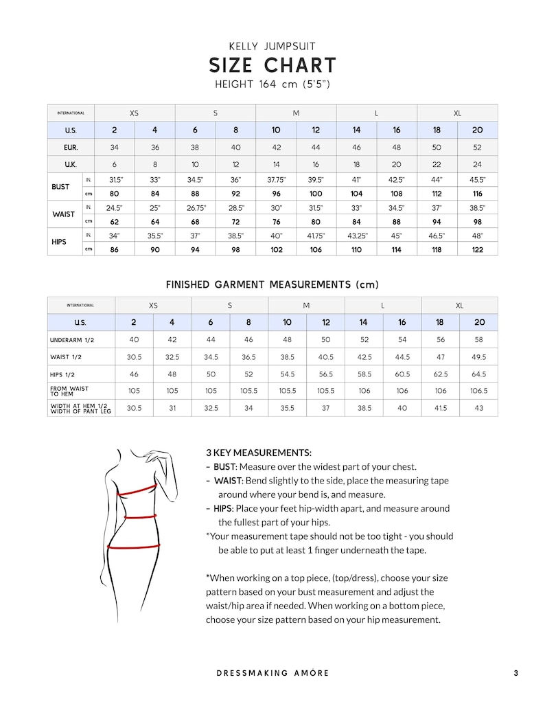 May include: A size chart for the Kelly Jumpsuit, with measurements in inches and centimeters. The chart includes bust, waist, and hip measurements for sizes XS to XL, with a height of 5'5". Instructions for taking measurements are also included.