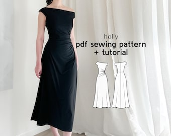 Off-Shoulder Dress PDF Sewing Pattern: Asymmetrical Knit Dress (US Sizes 2-20)