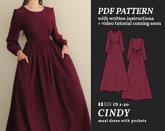 CINDY Maxi Dress w/Pockets Dress Digital sewing pattern 2-20 PDF Sewing Pattern for Beginners Instant download, Instruction E-book & Video