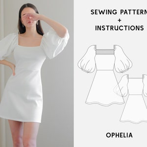 OPHELIA Gebreide jurk met pofmouwen Digitaal naaipatroon XS-2Xl PDF Naaipatroon voor beginners Direct downloaden Instructie E-book & Video