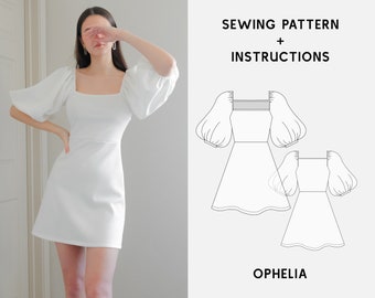 OPHELIA Puff-Sleeved Knit Dress Digital sewing pattern XS-2Xl PDF Sewing Pattern for Beginners Instant download  Instruction E-book & Video