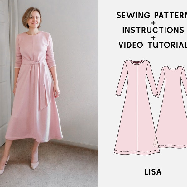 Lisa Knit Dress Digital Sewing Pattern, PDF Sewing Pattern US Letter/A0 for Beginners XS-4XL + Photo Instruction + Video Tutorial