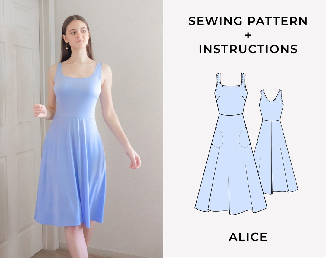 PDF Sewing Pattern Square Neckline Knit Alice Dress With Pockets