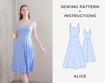 PDF Sewing Pattern Square neckline Knit Alice Dress with pockets XS-4XL, Digital  Pattern A4/US letter/A0, Photo instruction, Video Tutorial