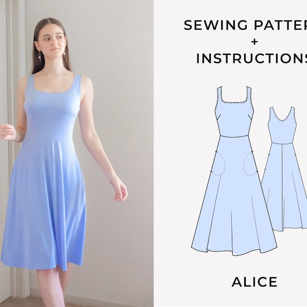 PDF Sewing Pattern Square neckline Knit Alice Dress with pockets XS-4XL, Digital  Pattern A4/US letter/A0, Photo instruction, Video Tutorial