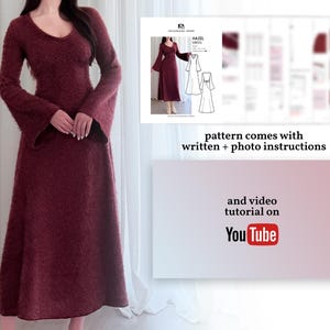 May include: A burgundy-colored dress with long, flared sleeves and a V-neck. The dress is made of a textured material. The image also includes a pattern for the "HAZEL DRESS" with written and photo instructions, and a YouTube video tutorial.