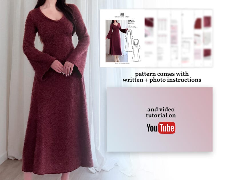May include: A burgundy-colored dress with long, flared sleeves and a V-neck. The dress is made of a textured material. The image also includes a pattern for the "HAZEL DRESS" with written and photo instructions, and a YouTube video tutorial.
