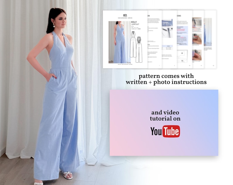 May include: A light blue halter jumpsuit with wide legs. The image includes a pattern for the jumpsuit, with the text "KELLY JUMPSUIT" and "pattern comes with written + photo instructions". There is also a YouTube tutorial.