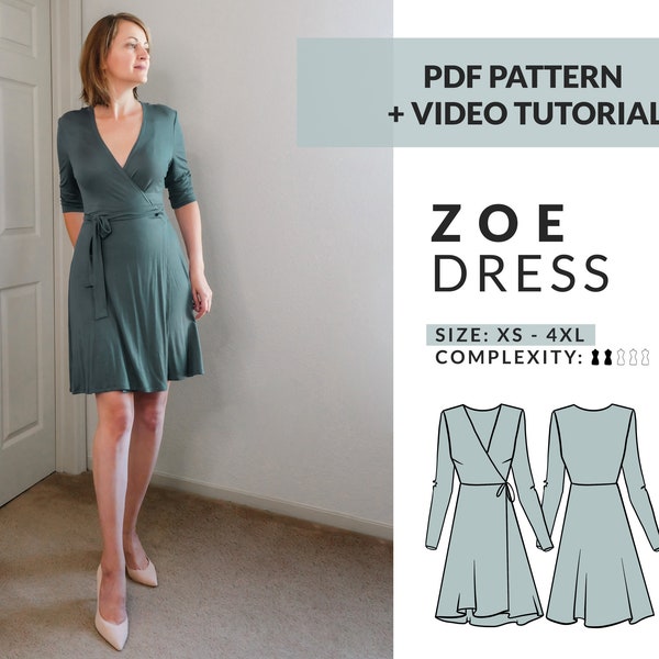 Zoe Knit Wrap Dress Digitales Schnittmuster, PDF-Muster XS-4XL, herunterladbares Kleider-Muster US letter/A0 + Fotoanleitung + Video-Tutorial