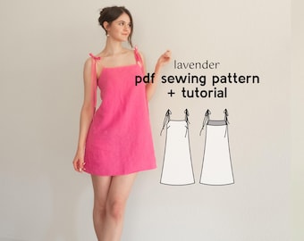 Square Neck Mini Dress Sewing Pattern: Lavender Column Design (PDF)