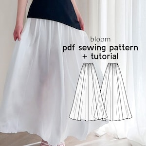 Könnte beinhalten: Eine Person trägt ein schwarzes Oberteil und einen langen, fließenden weißen Rock. Das Bild enthält den Text "bloom pdf sewing pattern + tutorial" und eine Strichzeichnung eines Rocks.