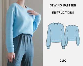 Clio Knit Sweatshirt Digital Sewing Pattern XS-4XL Sweatshirt PDF Sewing Pattern for Beginners Instant Download Instructions & Video