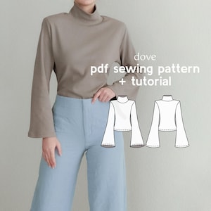 Könnte beinhalten: Eine Frau trägt ein braunes Rollkragen-Oberteil mit langen Ärmeln und eine blaue Hose. Das Bild zeigt auch eine digitale Illustration eines weißen Rollkragen-Oberteils mit langen, weiten Ärmeln. Der Text "dove pdf sewing pattern + tutorial" wird über der Illustration angezeigt.