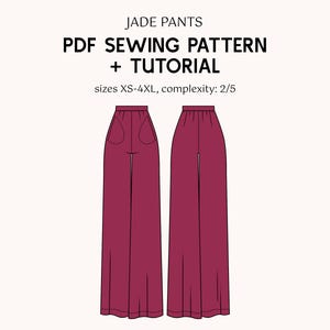 Op de afbeelding: Illustratie van het Jade Pants PDF naaipatroon en de tutorial. Het ontwerp toont twee aanzichten van broeken met wijde pijpen in een dieprode kleur. Tekst bevat "JADE PANTS", "PDF SEWING PATTERN + TUTORIAL" en details over maat en complexiteit.