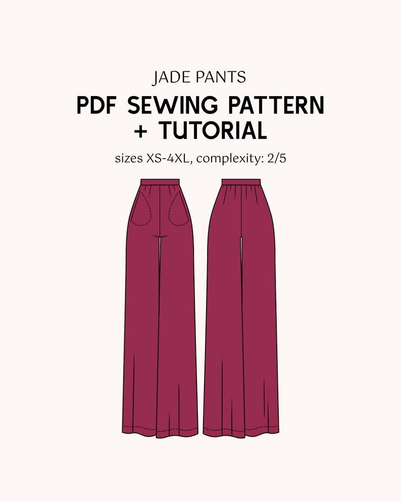 Op de afbeelding: Illustratie van het Jade Pants PDF naaipatroon en de tutorial. Het ontwerp toont twee aanzichten van broeken met wijde pijpen in een dieprode kleur. Tekst bevat "JADE PANTS", "PDF SEWING PATTERN + TUTORIAL" en details over maat en complexiteit.