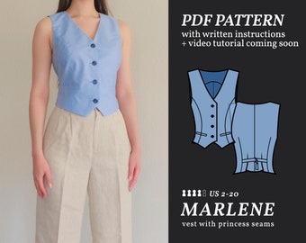 MARLENE V-Neck Vest / Waistcoat Digital sewing pattern 2-20 PDF Sewing Pattern for Advanced Instant download, Instruction E-book & Video
