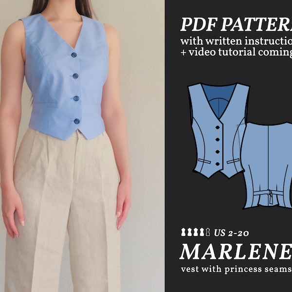 MARLENE V-Neck Vest / Waistcoat Digital sewing pattern 2-20 PDF Sewing Pattern for Advanced Instant download, Instruction E-book & Video