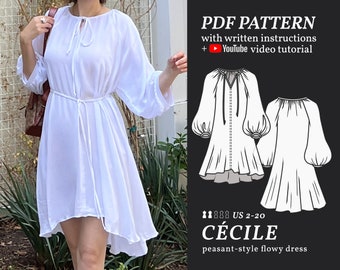 CÉCILE Peasant-Style Dress Digital sewing pattern 2-20 PDF Sewing Pattern for Beginners Instant download Instruction E-book & Video