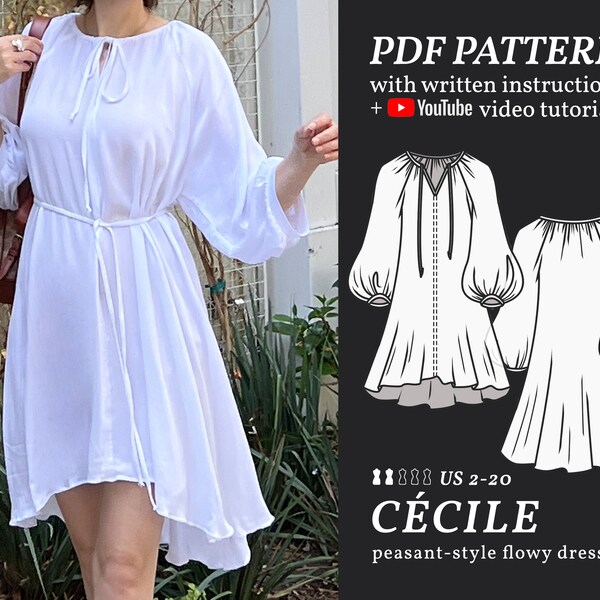 CÉCILE Peasant-Style Dress Digital sewing pattern 2-20 PDF Sewing Pattern for Beginners Instant download Instruction E-book & Video