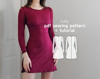 Ruby Fitted Knit Dress Sewing Pattern: Long Sleeve, US Sizes 2-20 (PDF Pattern)