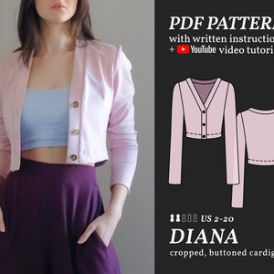 DIANA Cropped Cardigan Digital Sewing Pattern US 2-20 PDF Sewing Pattern for Beginners Instant Download + Instructional E-book