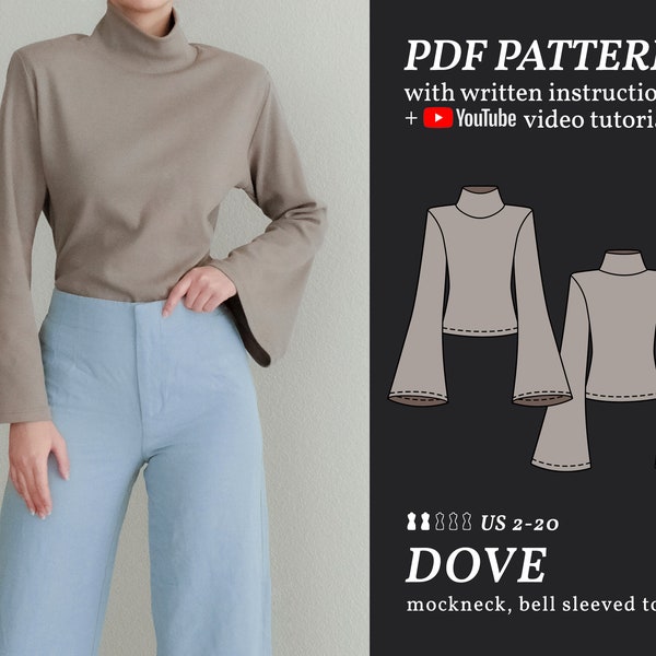 Dove Bell-Sleeved Turtleneck Sweater Digital Sewing Pattern XS-4XL PDF Sewing Pattern Instant Download Instructional E-book