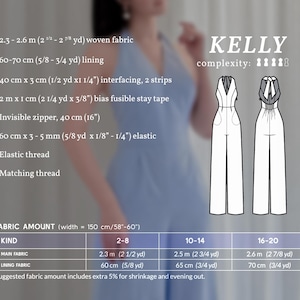May include: A light blue dressmaking pattern titled "KELLY" with a complexity rating of five stars. The image includes fabric requirements, such as 2.3-2.6 meters of woven fabric and a 40 cm invisible zipper. The pattern is for sizes 2-20.