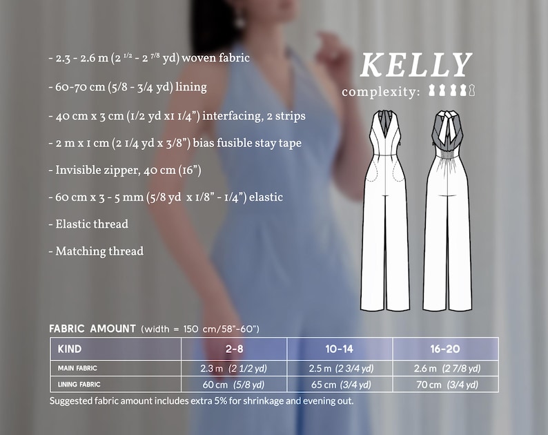 May include: A light blue dressmaking pattern titled "KELLY" with a complexity rating of five stars. The image includes fabric requirements, such as 2.3-2.6 meters of woven fabric and a 40 cm invisible zipper. The pattern is for sizes 2-20.