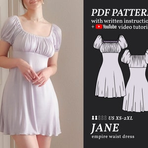 JANE Empire Waist Mini/Maxi Dress Sewing Pattern / XS-2XL Easy Digital PDF Sewing Pattern for Beginners / Pattern, Booklet & Video Tutorial