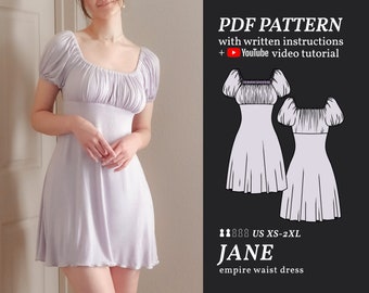 JANE Empire Waist Mini/Maxi Dress Sewing Pattern / XS-2XL Easy Digital PDF Sewing Pattern for Beginners / Pattern, Booklet & Video Tutorial